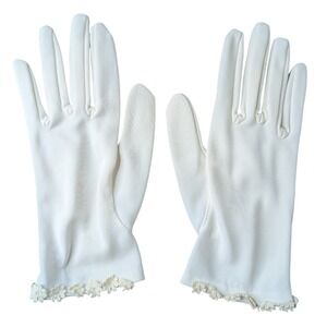 Vintage Max Mayers Gloves White Lace Flower Trim Evening Made in Hong Kong